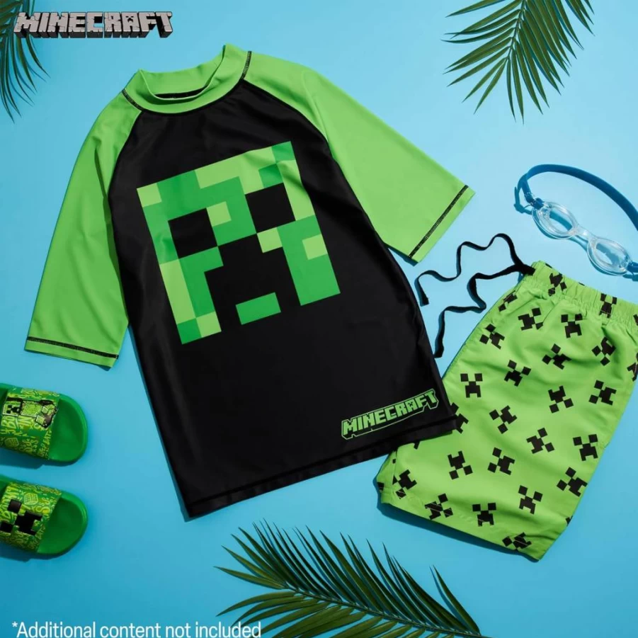 Minecraft Boys 2-Piece Swim Set: Official Character Swim Top and Quick-Dry Swim Trunks for Kids
