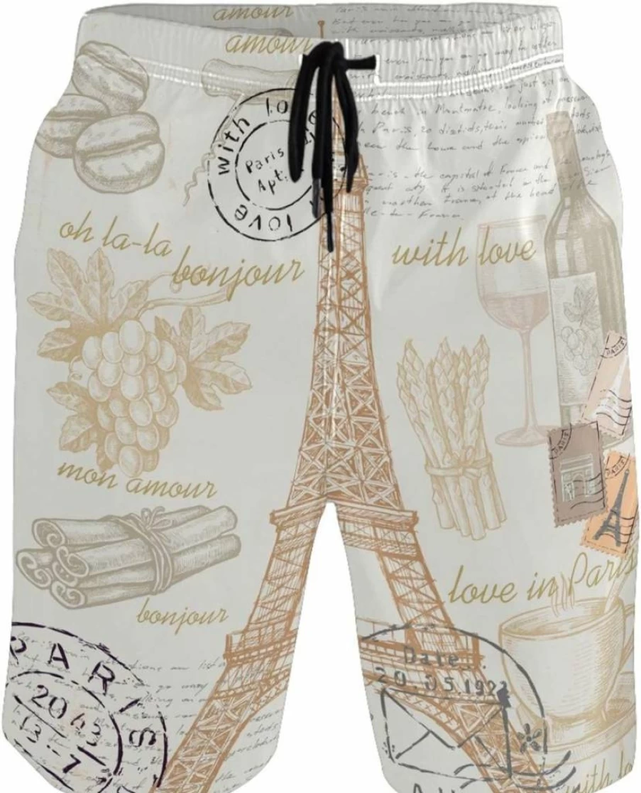 Visesunny Men's Beach Swim Trunks with Mesh Lining - Hand Painted France Design for Sports & Running