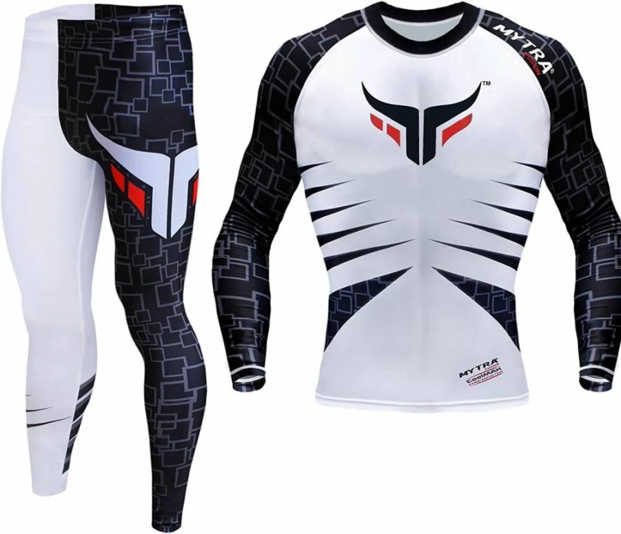Mytra Fusion Men's & Boys' Compression Base Layer Set - Long Sleeve Top & Pants in White & Black