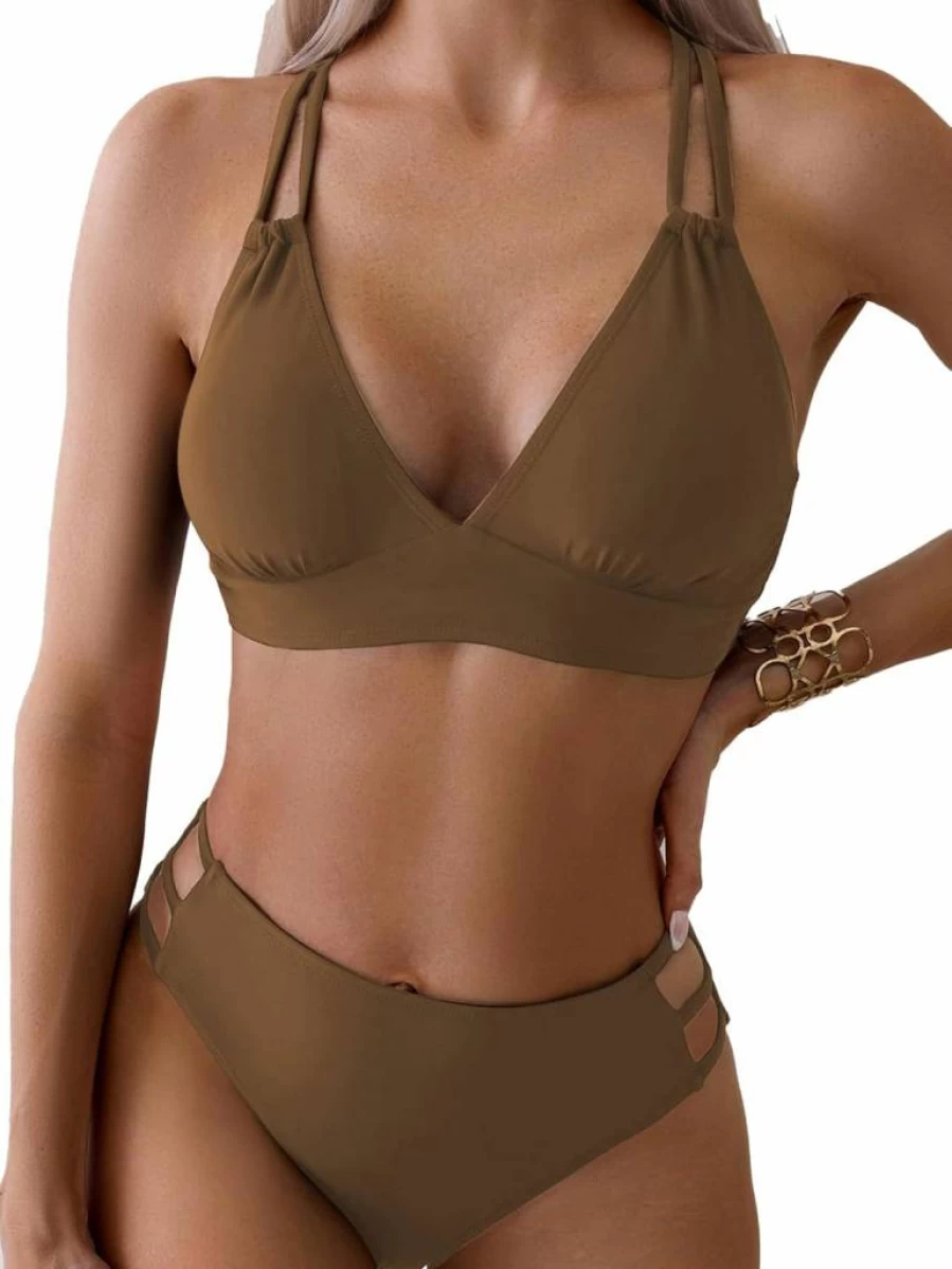 Fanuerg Women's Sexy V-Neck Bikini Set - Hollow Out Two-Piece Swimsuit with Cutout Mid Waist Design