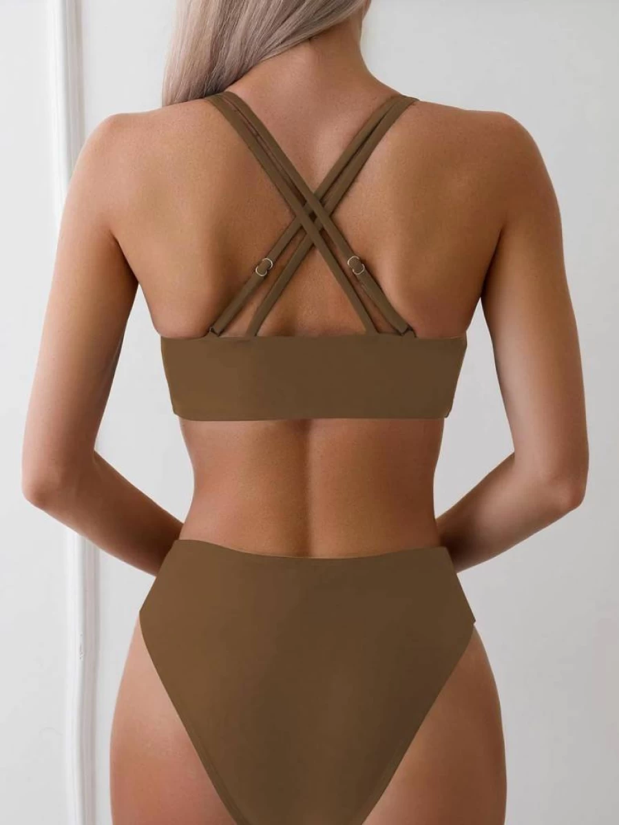 Fanuerg Women's Sexy V-Neck Bikini Set - Hollow Out Two-Piece Swimsuit with Cutout Mid Waist Design