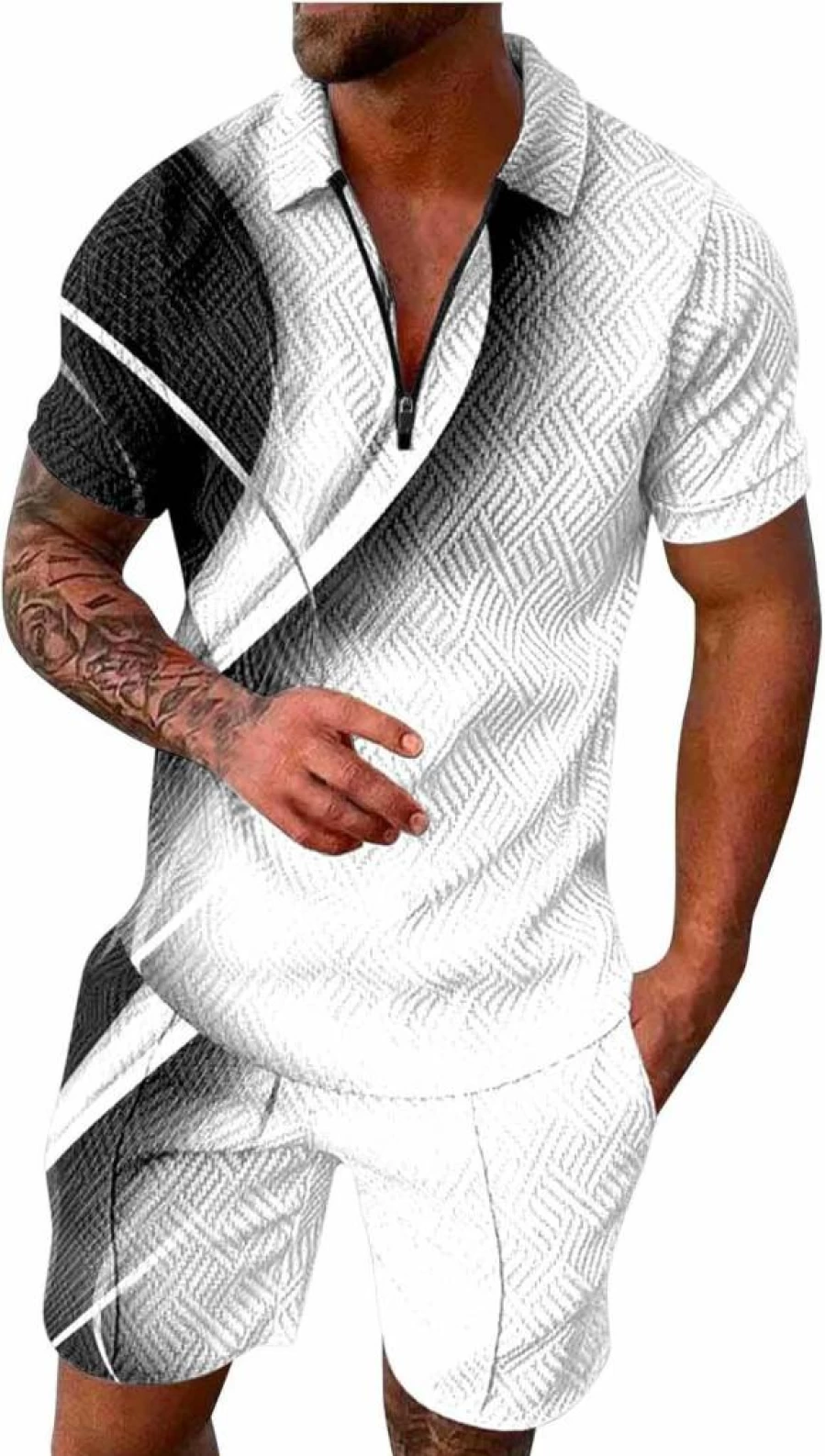 Men's Slim Fit Casual Two-Piece Sports Suit - Short Sleeve V-Neck Zipper Shirt & Drawstring Shorts