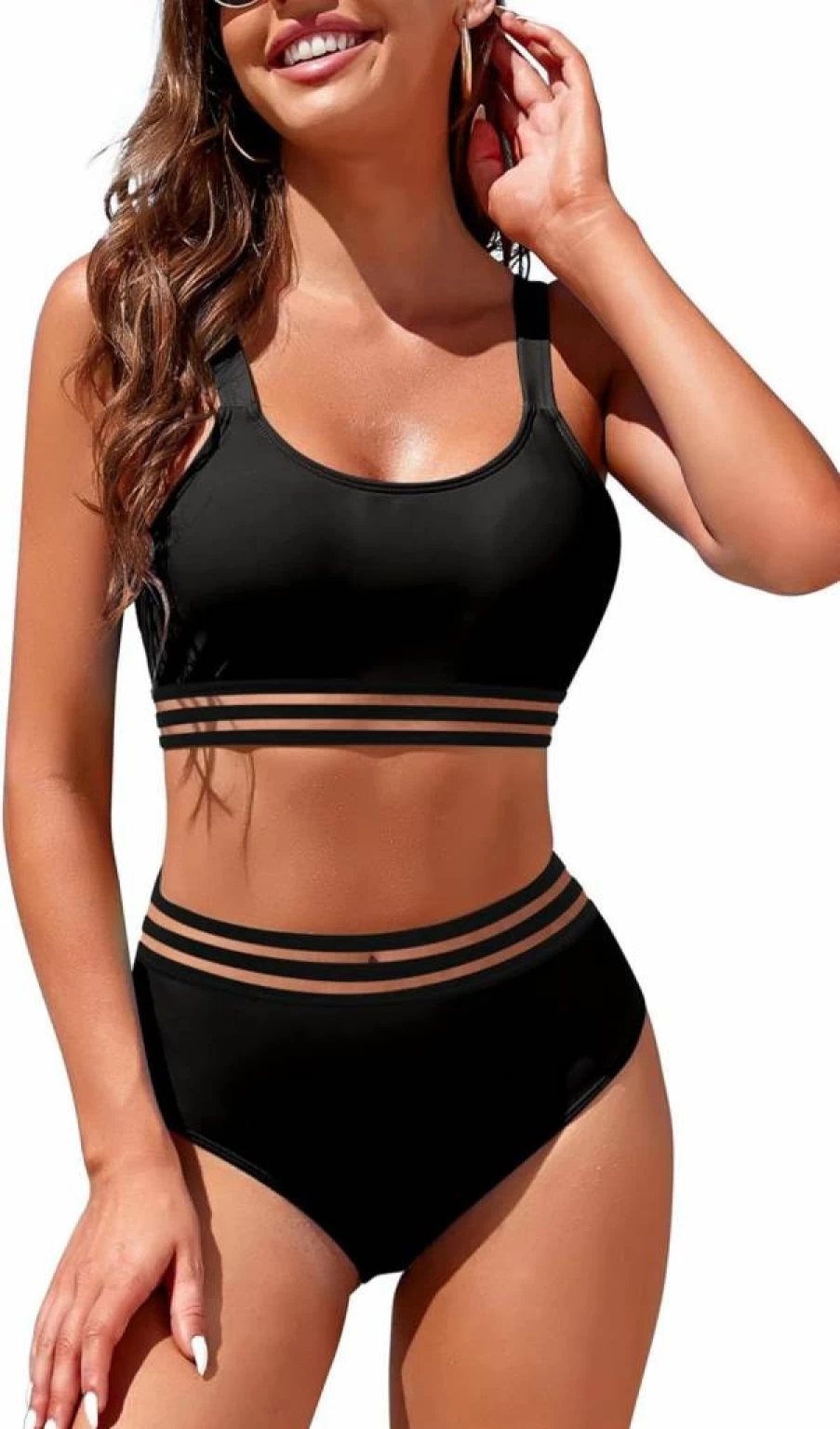 Adisputent Women's Vintage High Waisted Two Piece Bikini Set - Sporty Color Block Crop Top & Scoop Neck Bandeau Swimwear Bathing Suits