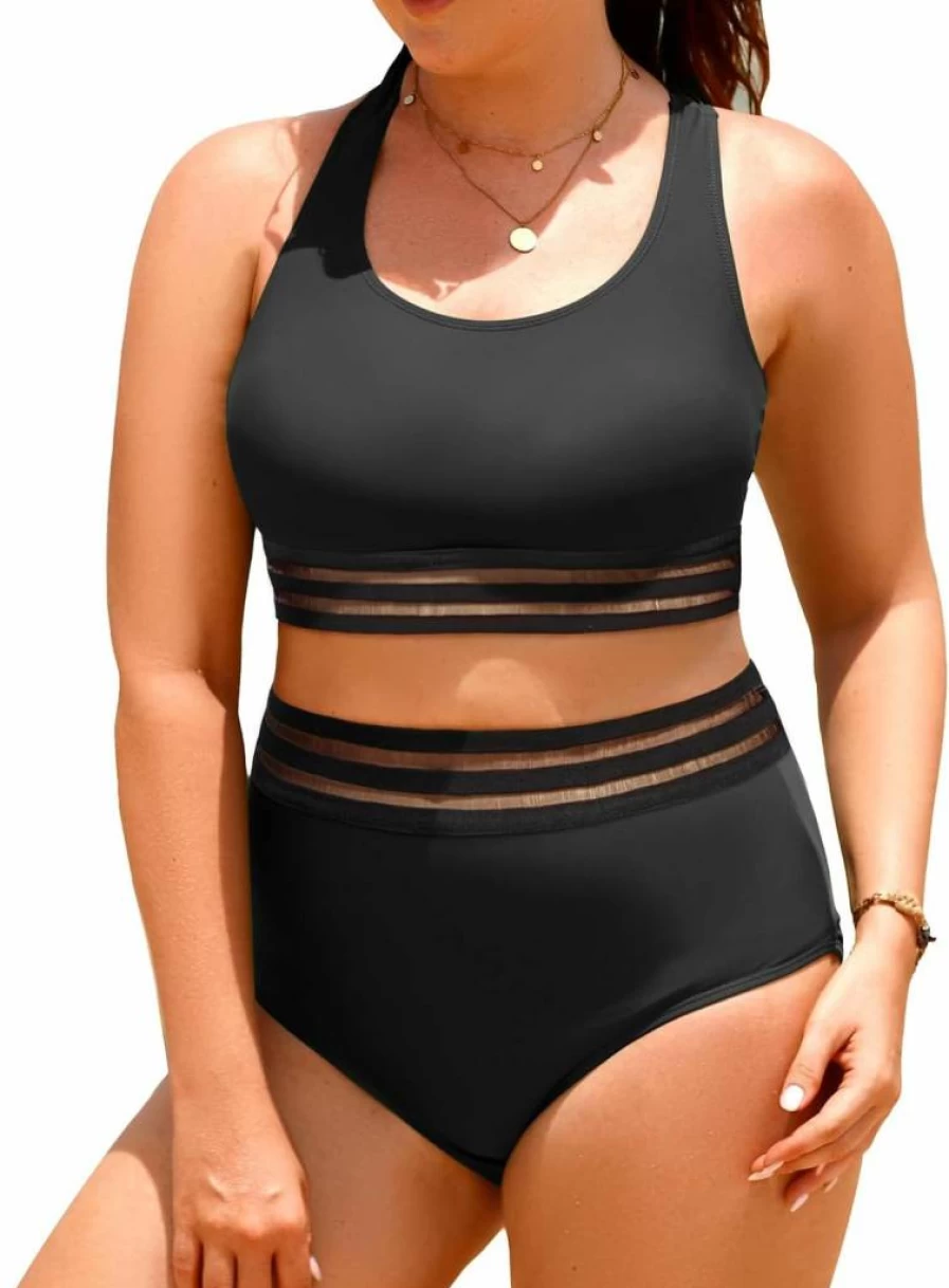 Aqua Eve Plus Size High Waisted Bikini Set - Scoop Neck Two Piece Swimwear Sporty Bathing Suits for Women
