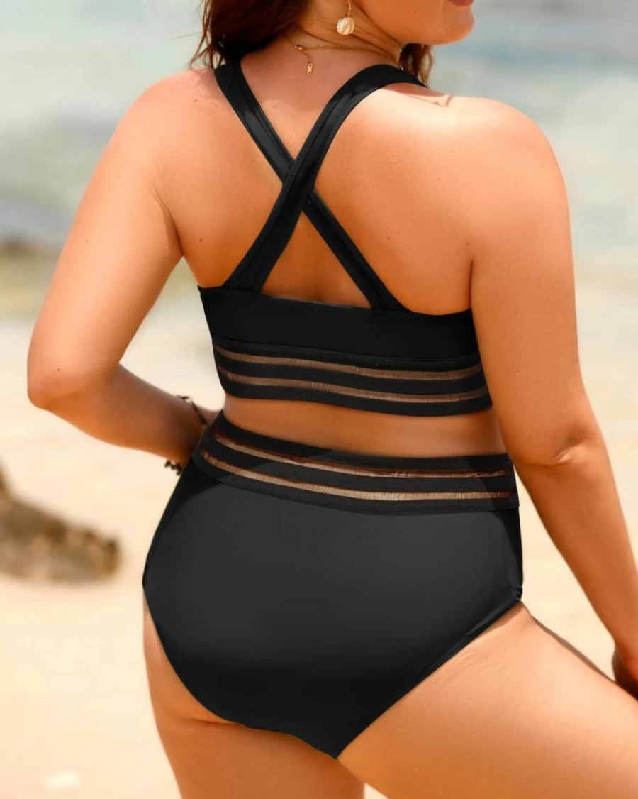 Aqua Eve Plus Size High Waisted Bikini Set - Scoop Neck Two Piece Swimwear Sporty Bathing Suits for Women