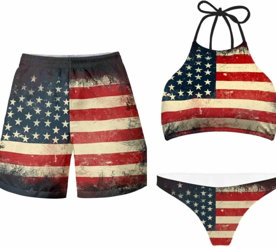 Gekhuqory Matching Couple Swimsuits: 4th of July Patriotic Bikini Set & Trunk Swimwear for Women and Men
