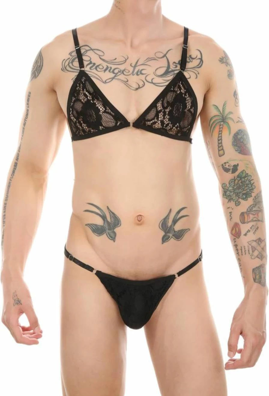 FEOYA Men's Sheer Lingerie Set - Sissy Bra & Thong for Crossdressers, 2-Piece Spaghetti Strap Bralette and G-String Panty for Male and Gay Men