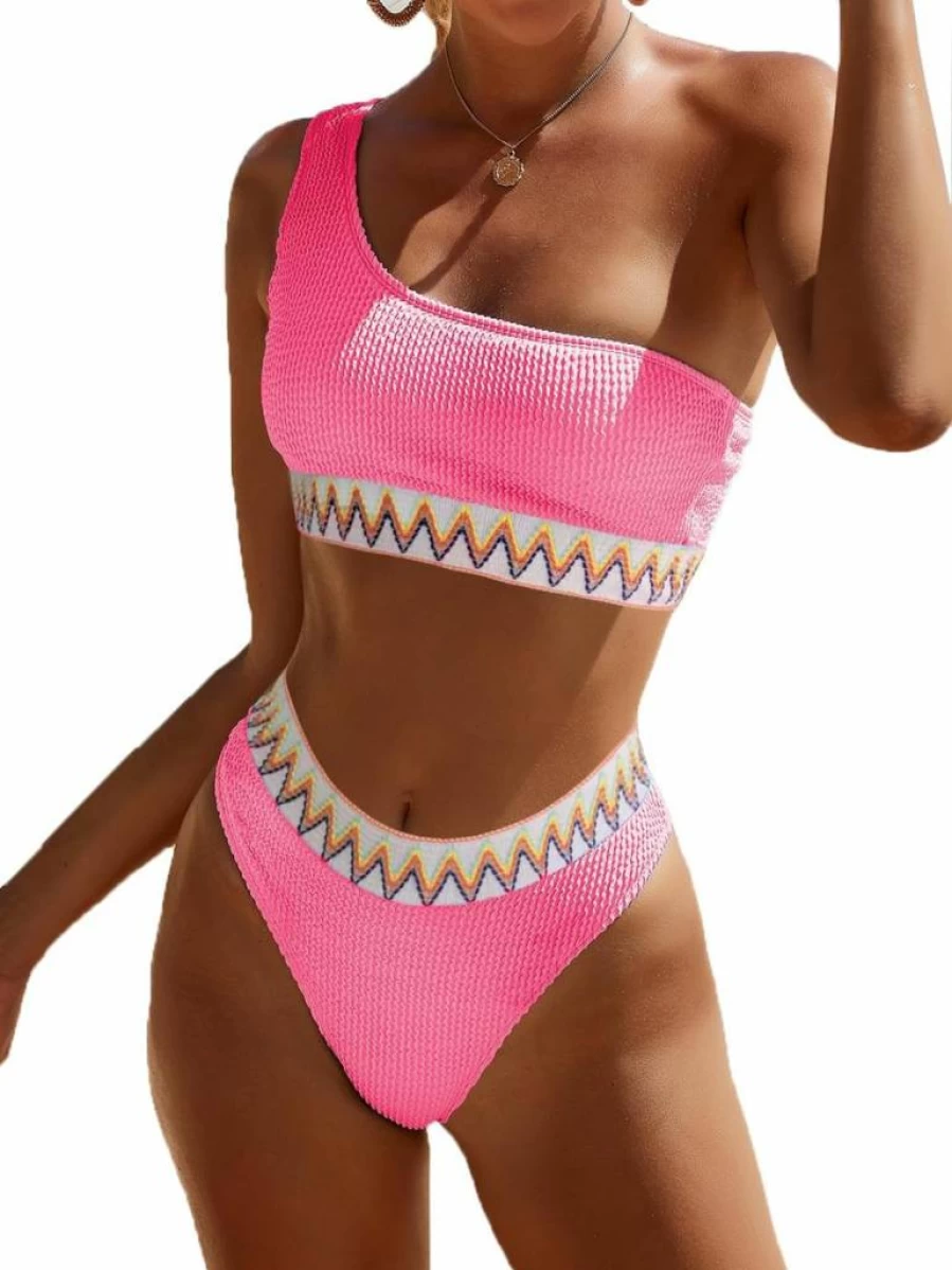 YIMISAN Women's One Shoulder Ribbed Bikini Set - Mid Waist Two Piece Bathing Suit for Women