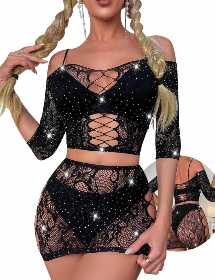 Kimfeng Women's Sexy Sparkle Rhinestone Lingerie Set - See-Through Micro Bra & G-String Bikini Set for Women