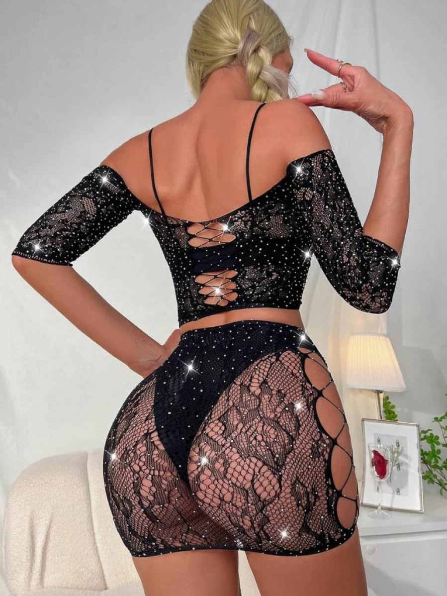 Kimfeng Women's Sexy Sparkle Rhinestone Lingerie Set - See-Through Micro Bra & G-String Bikini Set for Women