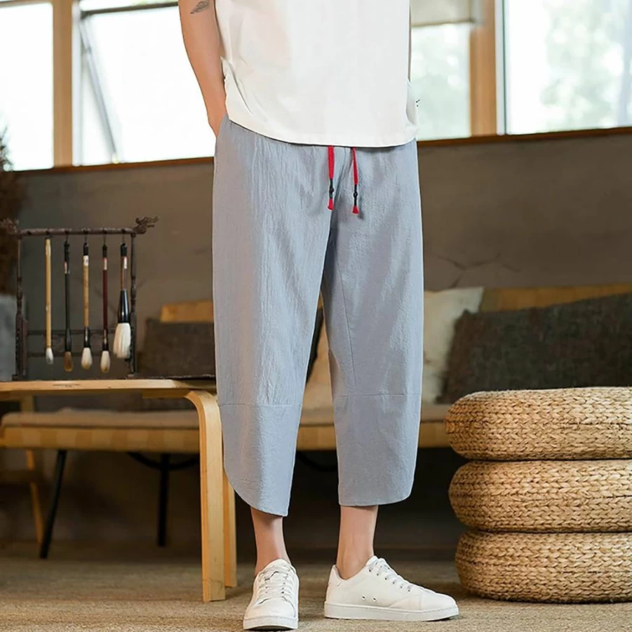 Generic Men's Casual Cotton Linen Cropped Sweatpants - Loose Fit Beach Athletic Pants for Outdoor Fashion