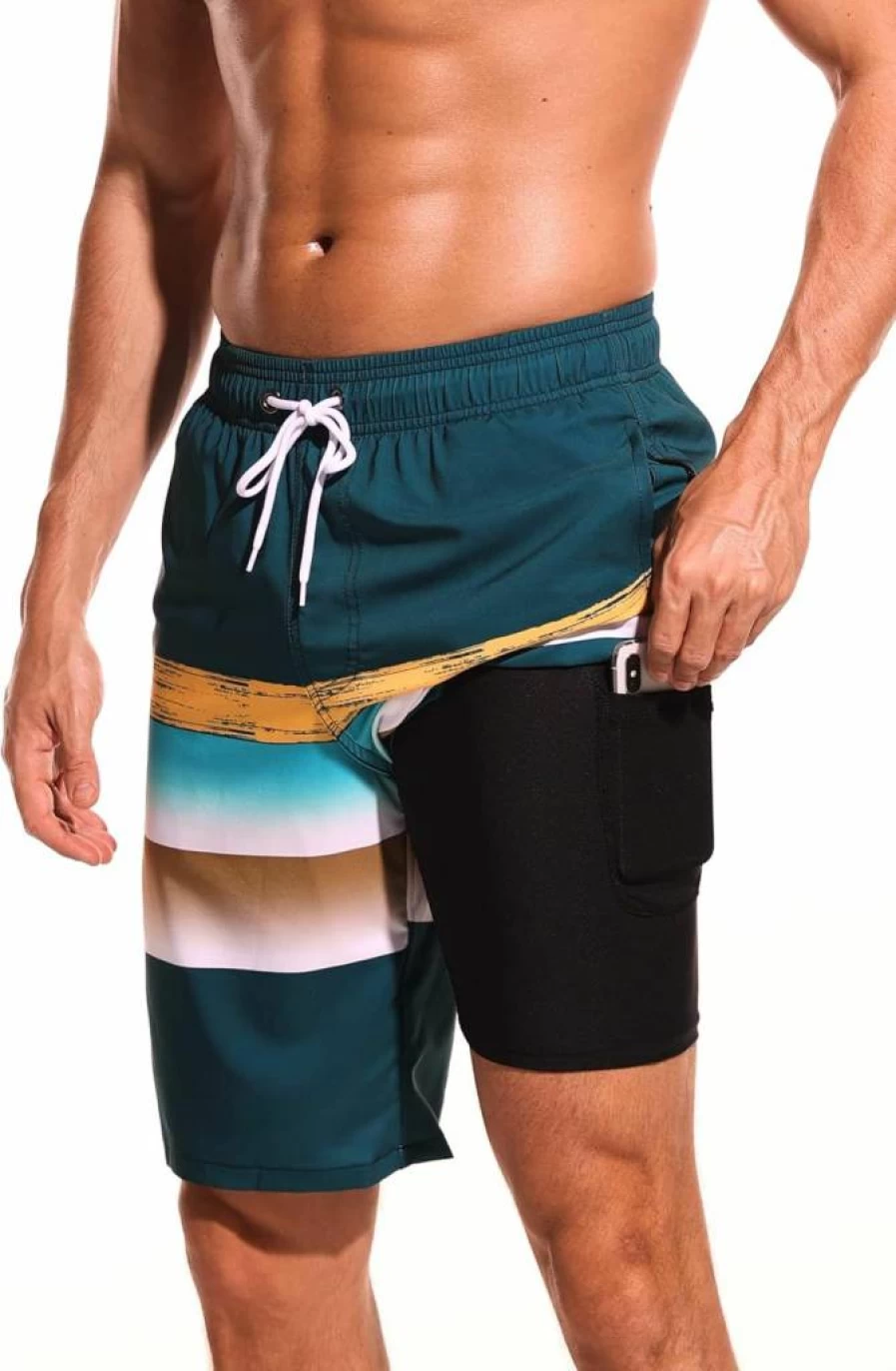 Difficort Men's Quick Dry Swim Trunks with Compression Liner & Zipper Pockets - Bathing Suits for Swimming & Beach
