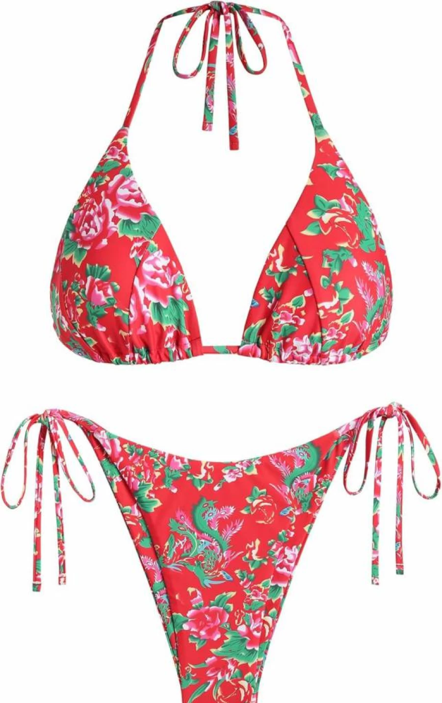 ZAFUL Women's Sexy Ribbed Halter Bikini Set - High Cut Tie Side Thong Two Piece Swimsuit with Padded Top
