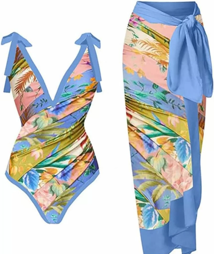 IDOPIP Women's Retro Floral Print Bikini Set Two Piece Bathing Suit with Beach Cover Up Wrap Skirt Sarong