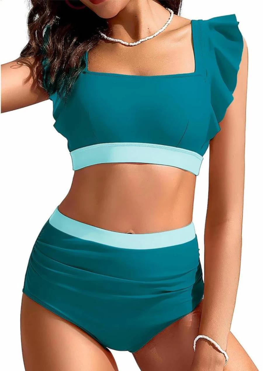 Kate Kasin Women's High Waisted Bikini Set - Tummy Control Swimsuit with Ruffle Detail, Full Coverage Cheeky Two-Piece Bathing Suit