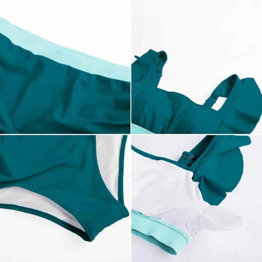 Kate Kasin Women's High Waisted Bikini Set - Tummy Control Swimsuit with Ruffle Detail, Full Coverage Cheeky Two-Piece Bathing Suit