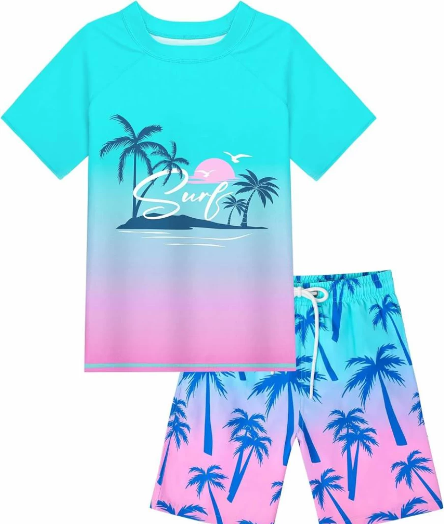 AuSletie Boys' 2-Piece Rash Guard Swim Set - UPF 50+ Short Sleeve Swim Shirt & Quick-Dry Trunks for Kids Beach & Pool