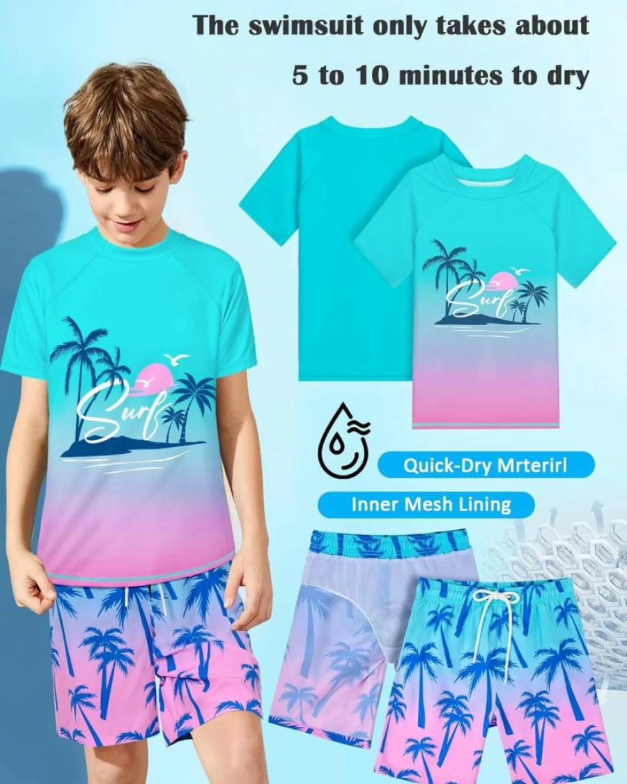 AuSletie Boys' 2-Piece Rash Guard Swim Set - UPF 50+ Short Sleeve Swim Shirt & Quick-Dry Trunks for Kids Beach & Pool