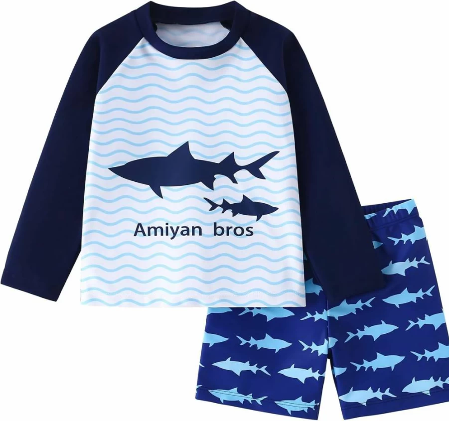 AMIYAN 2-Piece Boys Dinosaur & Whale Swimsuits Set - Long Sleeve Rash Guard + Swim Trunks for Toddler, Kids UV Protection Bathing Suits
