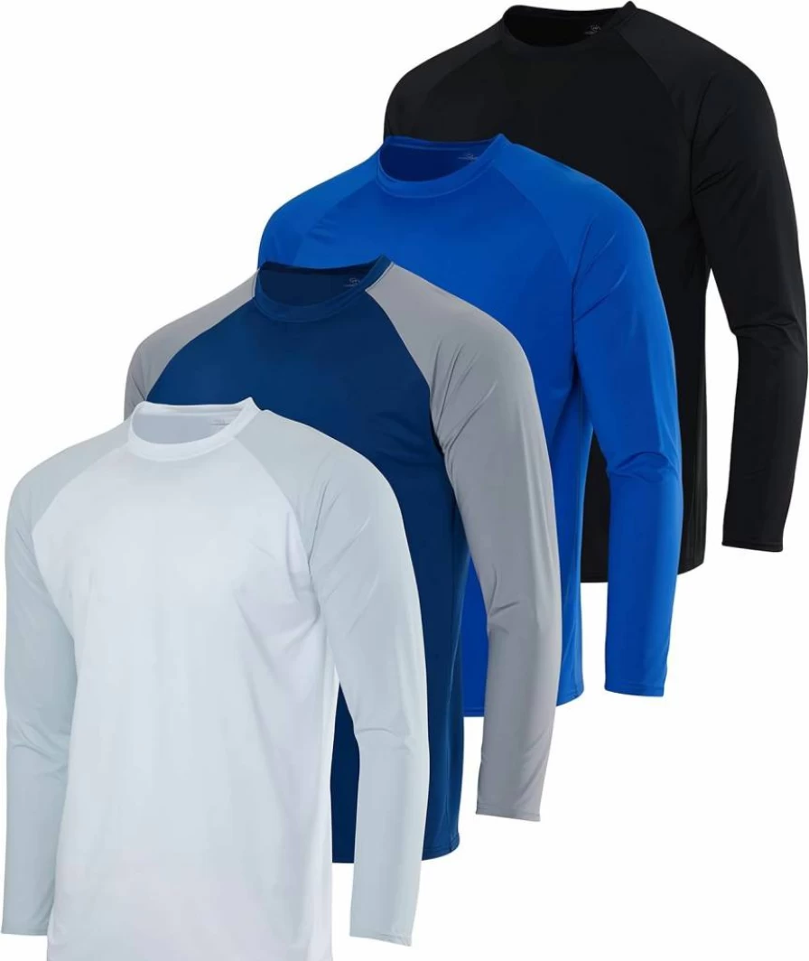 Real Essentials Men's Big & Tall UPF 50+ Long Sleeve Rash Guard Shirt 4-Pack for Swimming, Running & Sun Protection