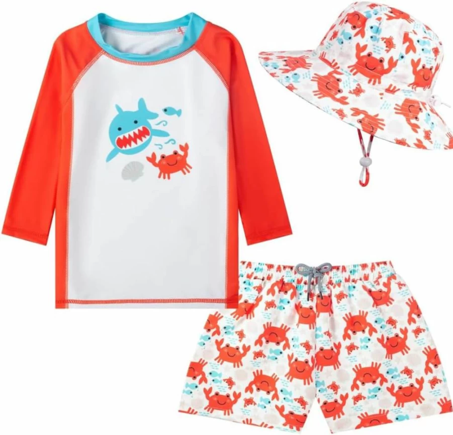 SWMSTUPF Baby Boys' 3-Piece Rashguard Swim Set with UPF 50+ Sun Protection Hat - Toddler Beach Bathing Suit