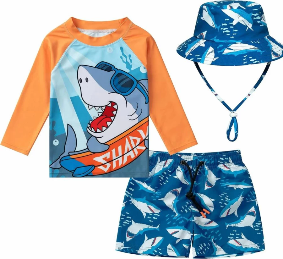 SGMWVB Boys' 3-Piece UPF 50+ Swim Set with Rash Guard, Trunks & Sun Hat for Toddlers & Baby