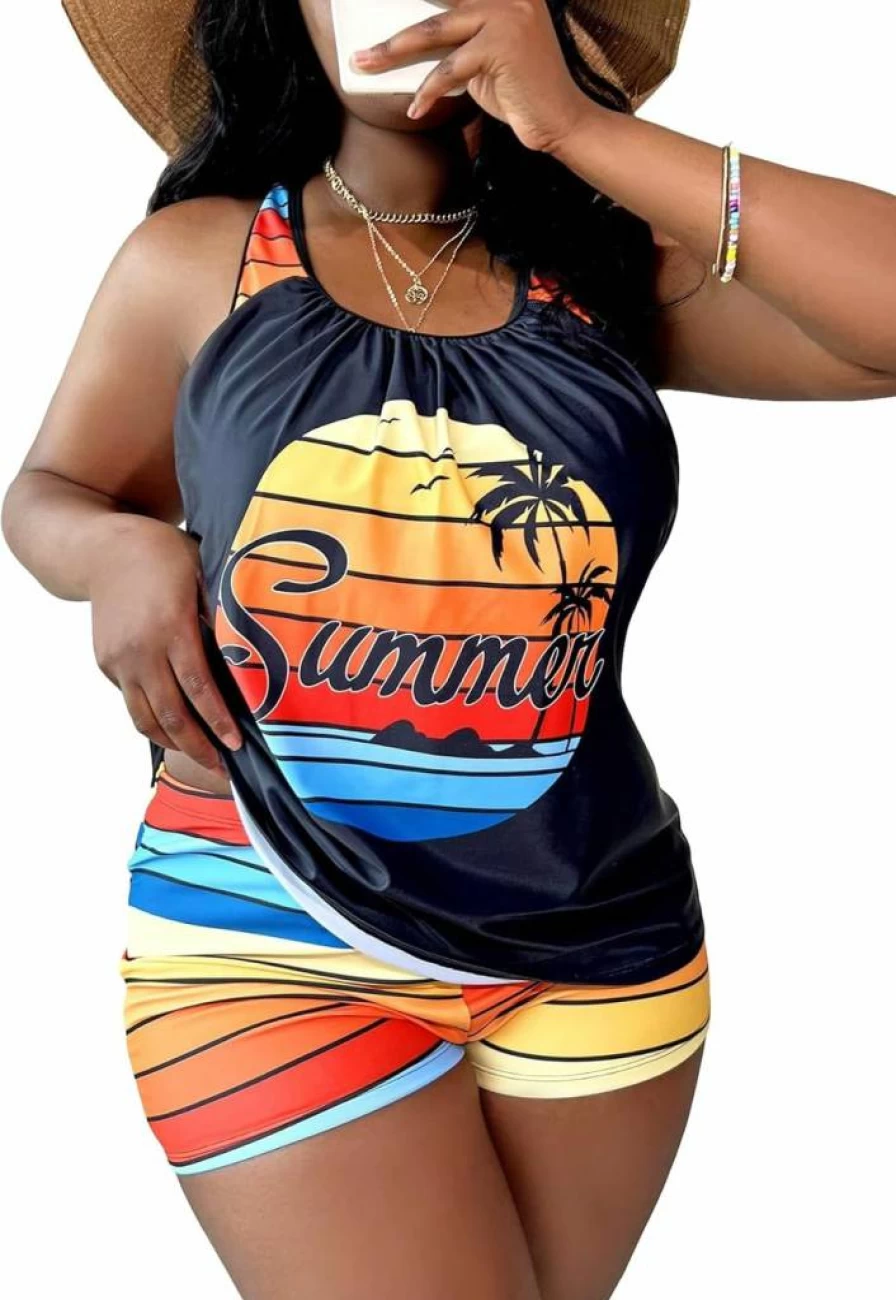 SOLY HUX Women's Plus Size Striped Tropical Print Tankini Set - 2 Piece Bikini Swimsuit with Tops and Shorts