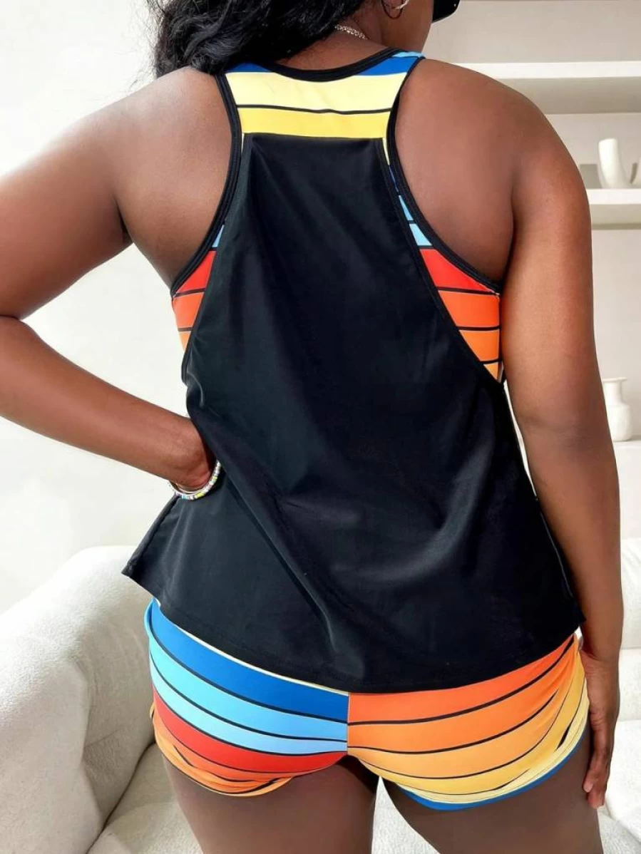 SOLY HUX Women's Plus Size Striped Tropical Print Tankini Set - 2 Piece Bikini Swimsuit with Tops and Shorts