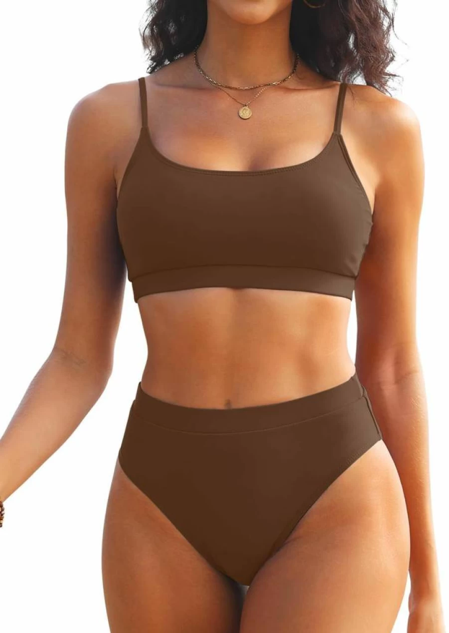 Tempt Me Women's High Waisted Athletic Bikini Set - Sporty Two Piece Swimsuits with High Cut & Scoop Neck for Active Beachwear