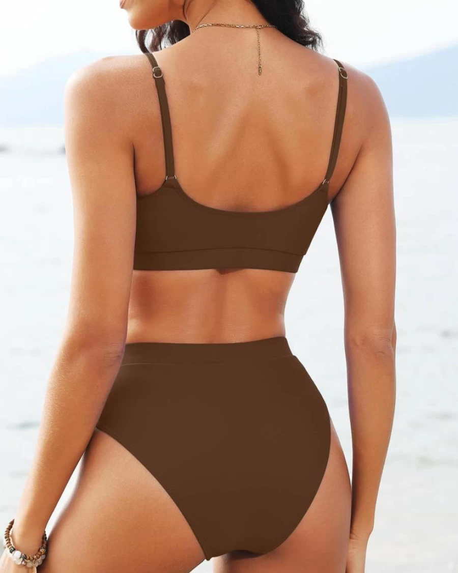 Tempt Me Women's High Waisted Athletic Bikini Set - Sporty Two Piece Swimsuits with High Cut & Scoop Neck for Active Beachwear