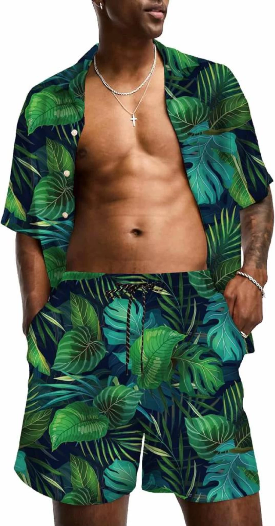 KYKU Men's Tropical Hawaiian Shirt and Shorts Set - Summer Beach Vacation Short Sleeve Button Down Shirt with Matching Swim Shorts 2-Piece Outfit