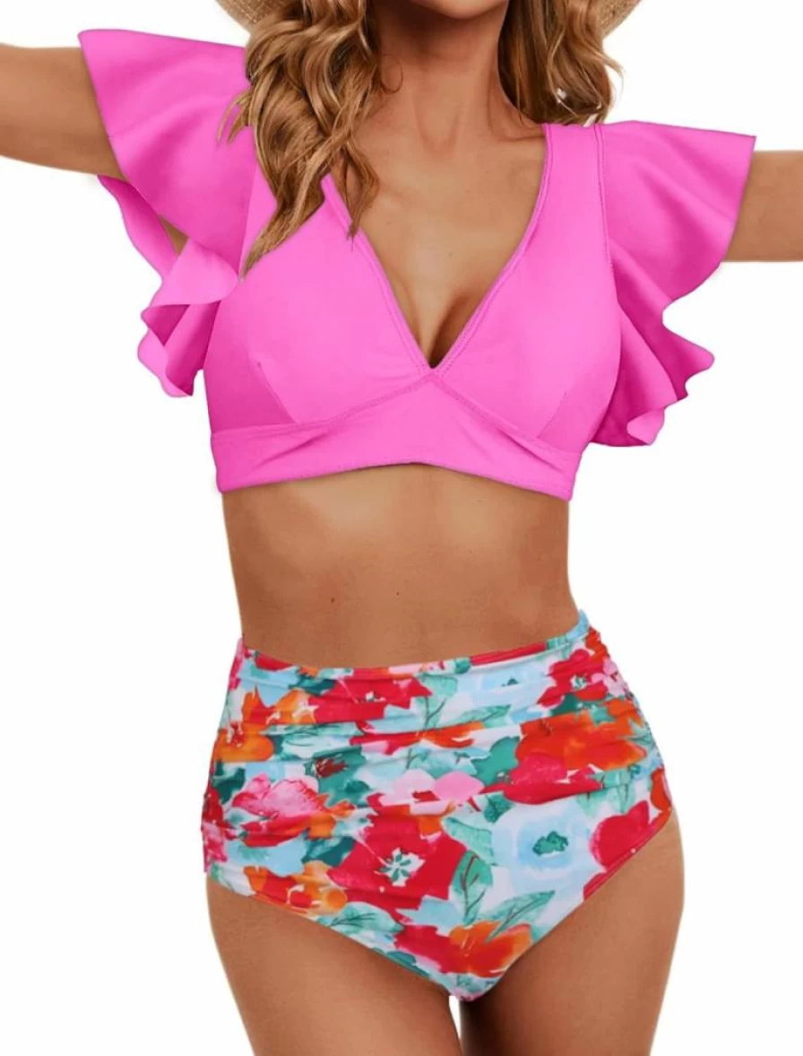 Soucrat Women's Tropical Print Ruffle High Waisted Two Piece Swimsuit Push Up Bikini Bathing Suit