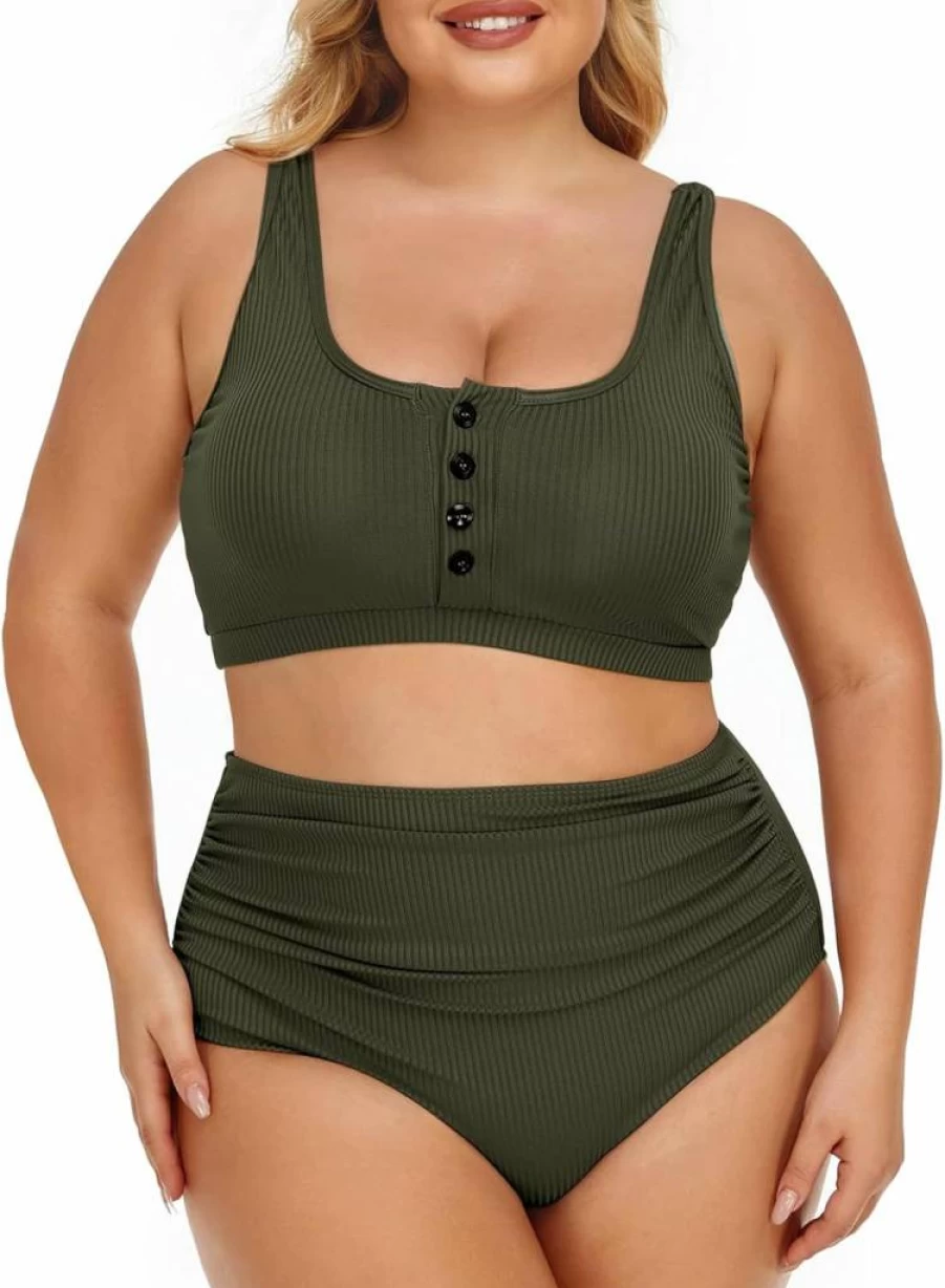 Summer Mae Plus Size Women's High Waist Bikini Set - Tummy Control Ribbed Two Piece Swimsuit with Scoop Top Bathing Suit