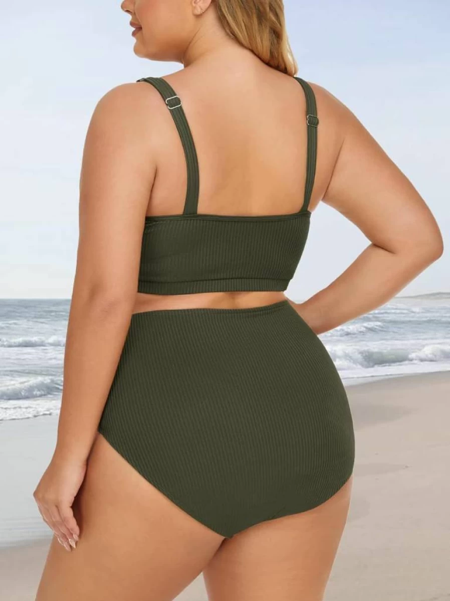 Summer Mae Plus Size Women's High Waist Bikini Set - Tummy Control Ribbed Two Piece Swimsuit with Scoop Top Bathing Suit