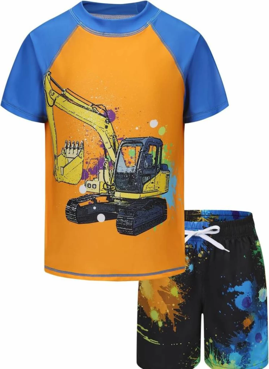 Lollisy Boys 2-Piece Quick Dry Rash Guard Swimsuits Set with Short Sleeve Swim Shirt and Trunks for Active Kids