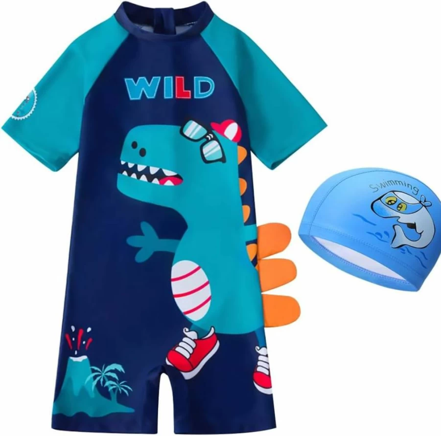 AIWUHE Boys Dinosaur Swimwear Set - UPF50+ Rash Guard One-Piece with Zipper & Sun Hat for Toddlers