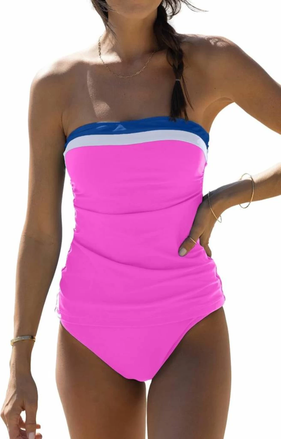 Beachsissi Women's Strapless Bandeau Tankini Swimwear - Tummy Control Color Block Bathing Suit