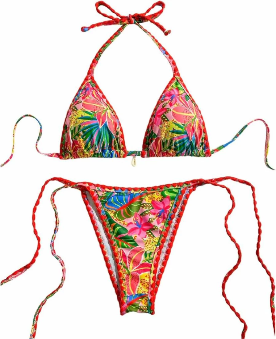 BEAUDRM Women's Floral Bikini Set - Boho Halter Triangle Top & Tie Back Bottom Swimsuit for Beach
