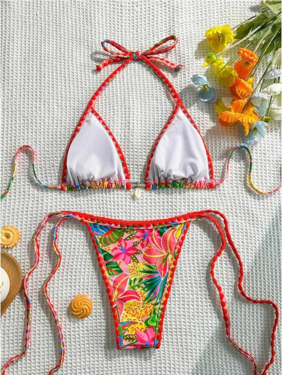 BEAUDRM Women's Floral Bikini Set - Boho Halter Triangle Top & Tie Back Bottom Swimsuit for Beach