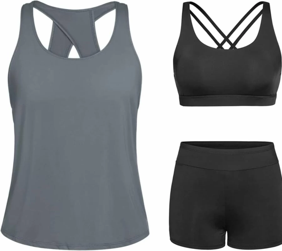 Tempt Me Women's 3-Piece Athletic Tankini Swimwear Set - Modest Swim Tank Top with Boy Shorts & Sports Bra
