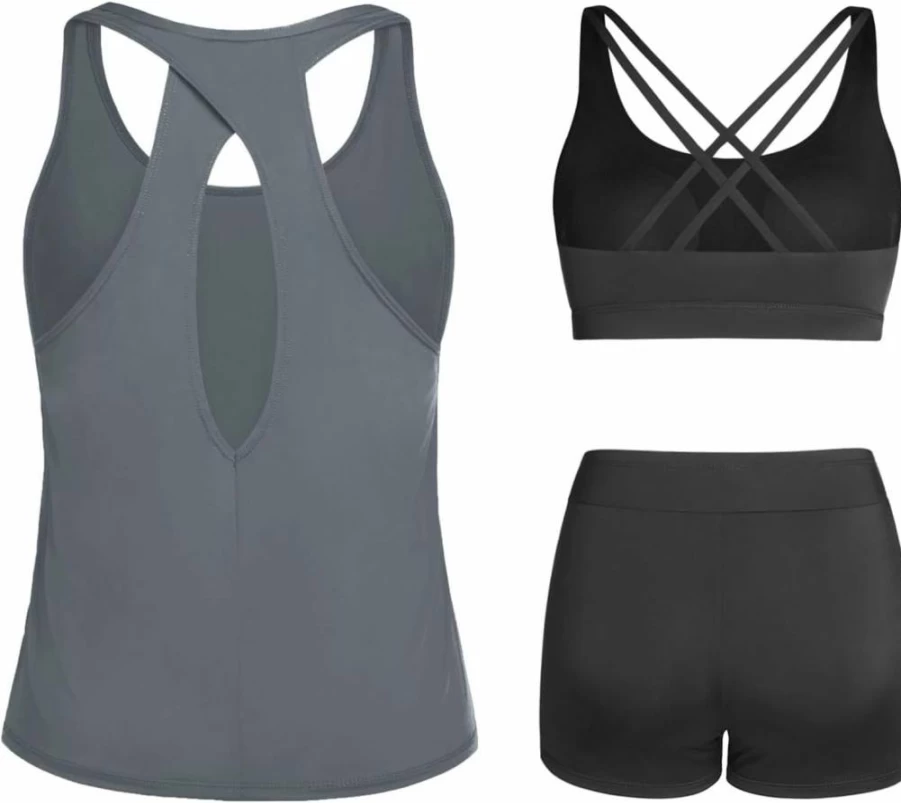 Tempt Me Women's 3-Piece Athletic Tankini Swimwear Set - Modest Swim Tank Top with Boy Shorts & Sports Bra