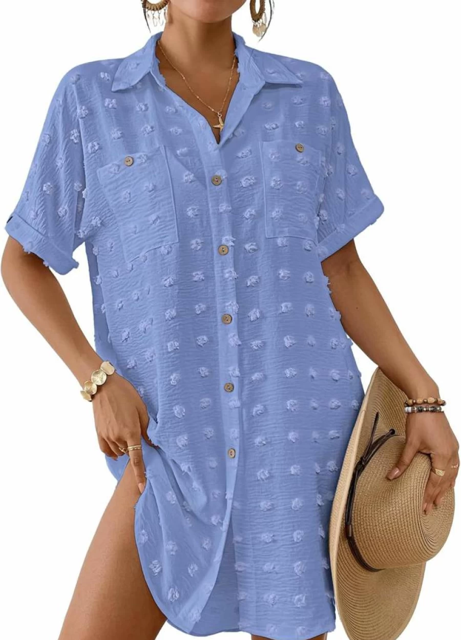 Bsubseach Women's Swiss Dot Beach Cover Up - Button Down Swimwear Shirt for Resort & Poolside Wear