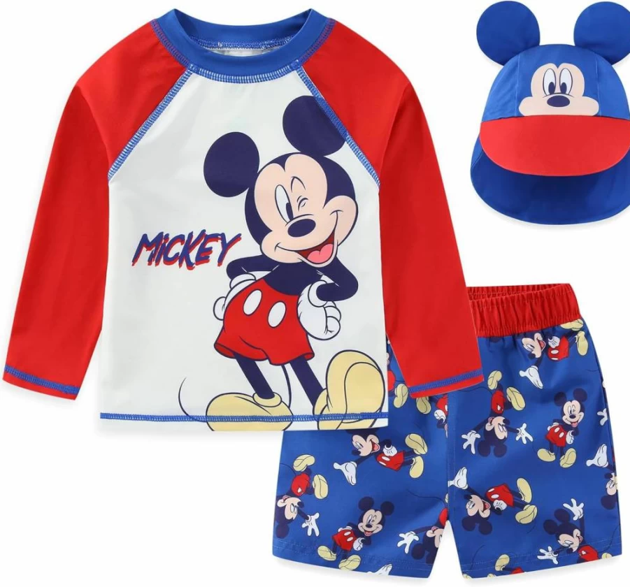 Disney Mickey Mouse UPF 50+ Baby Boys Swim Set - Rash Guard, Swim Trunks & Sun Hat with Ears 3-Piece Bathing Suit for Infants