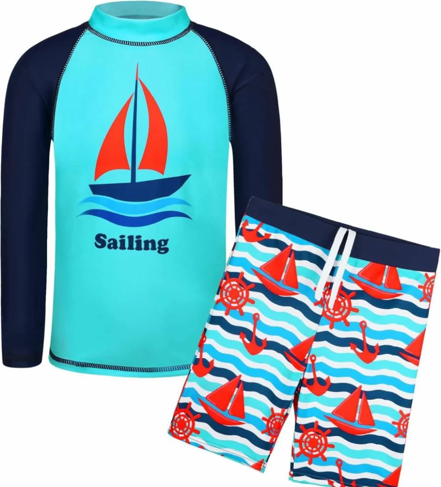 TFJH E Kids Boys UPF 50+ Sun Protective Long Sleeve Two-Piece Swimsuit for UV Protection