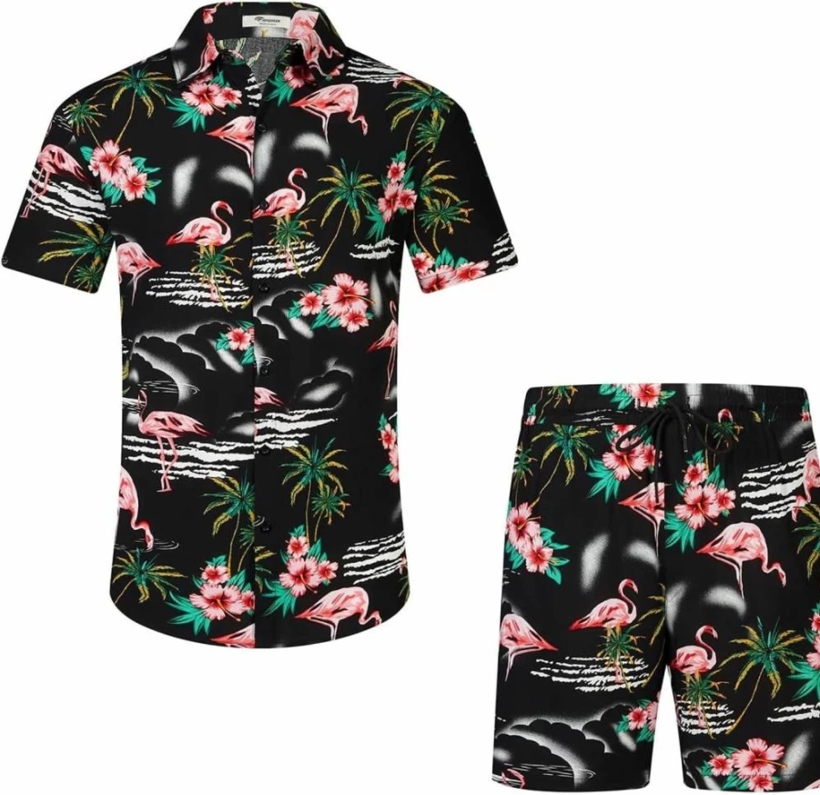 EISHOPEER Men's Hawaiian Shirt and Shorts Set - Casual Short Sleeve Floral Print Button Down Beach Outfit