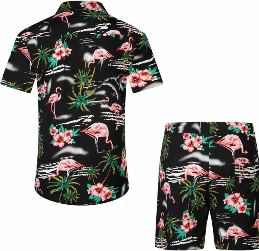 EISHOPEER Men's Hawaiian Shirt and Shorts Set - Casual Short Sleeve Floral Print Button Down Beach Outfit