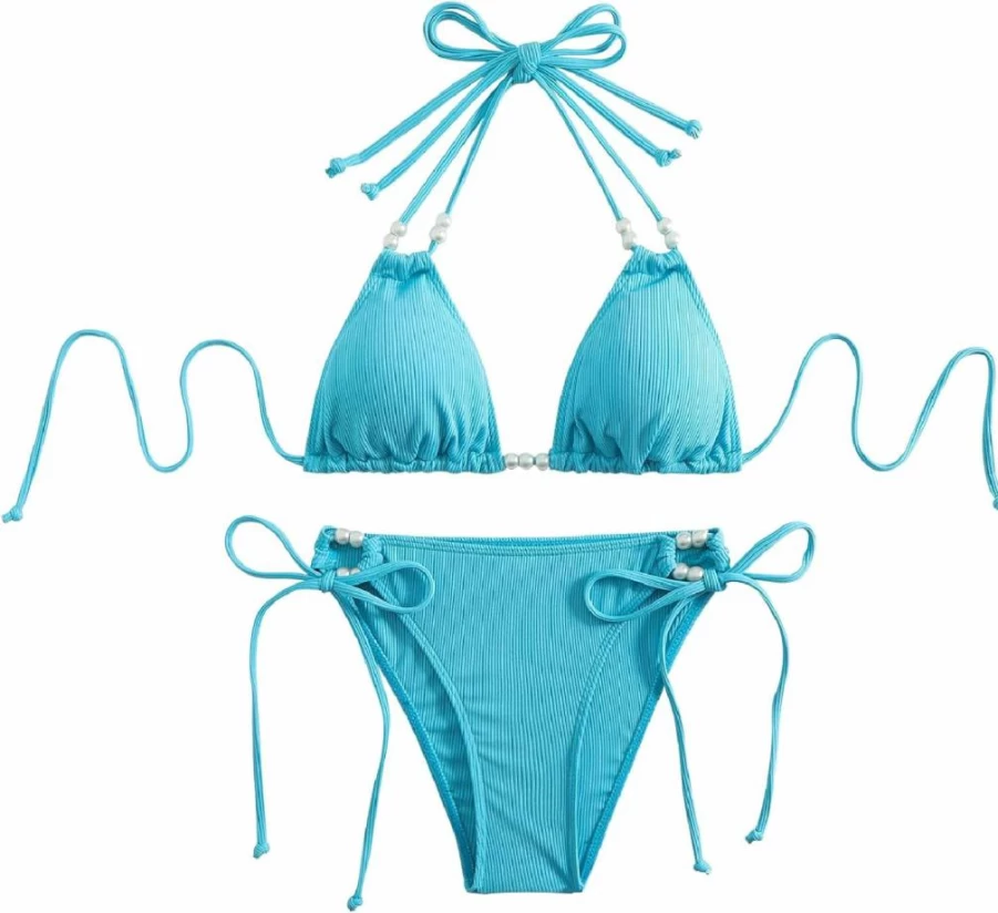 Bolsamila Women's Sexy Pearl Embellished Triangle Bikini Set - String Thong Two Piece Swimwear for Beach & Pool