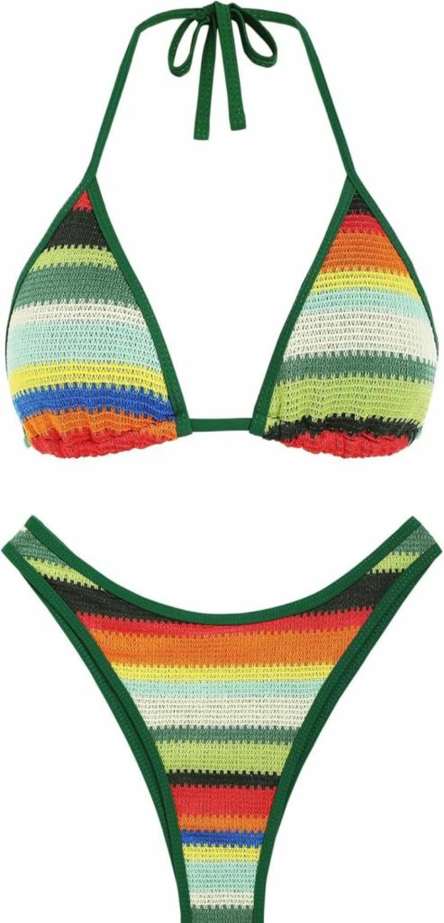 Seamoly Women's Crochet Bikini Set - Halter Neck Two Piece Swimwear, Colorblock Design, Open Back, High Cut Thong Bathing Suit