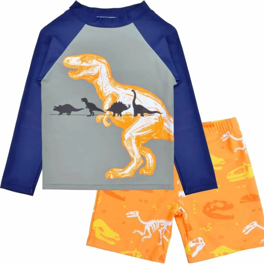 PASHOP Boys Dinosaur Swim Rash Guard & Trunk Set - UPF 50+ Quick-Dry Swimwear for Toddler Boys