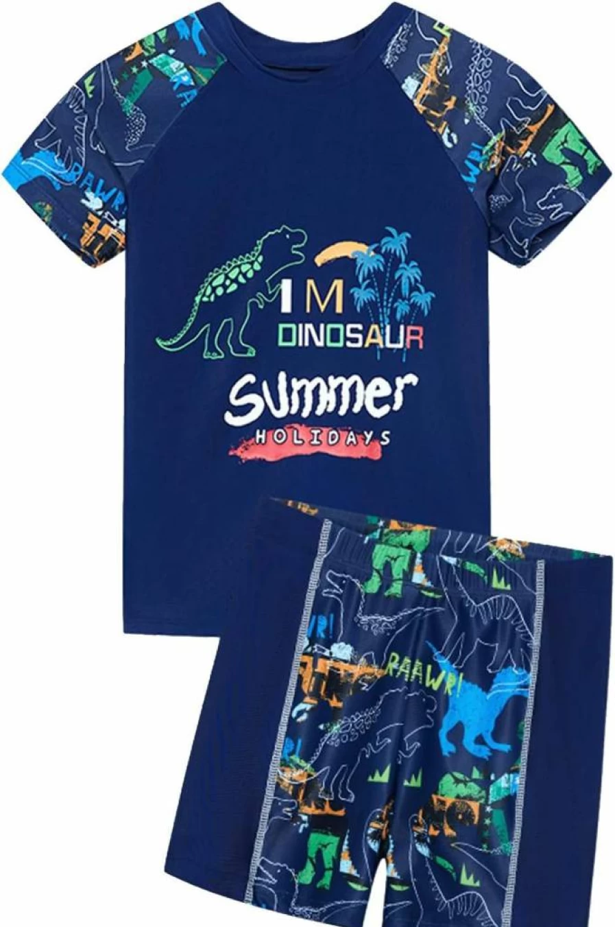 HILEELANG Boys' Swim Sets 2-Piece Rash Guard & Swim Trunks Short Sleeve UV Protection Swimwear for Kids Ages 4-12 Years